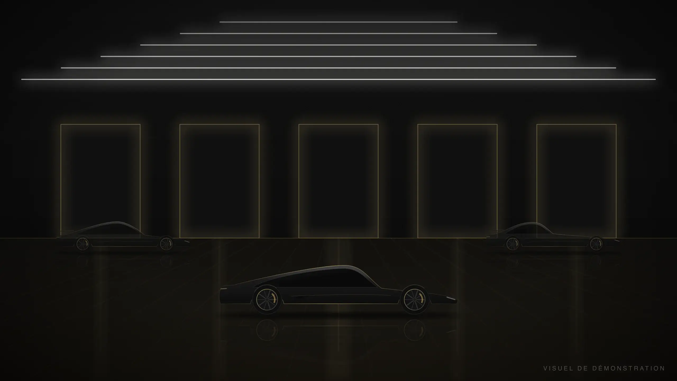 Le garage KURO de nuit : sol noir laqué aux reflets dorés, automobiles espacées