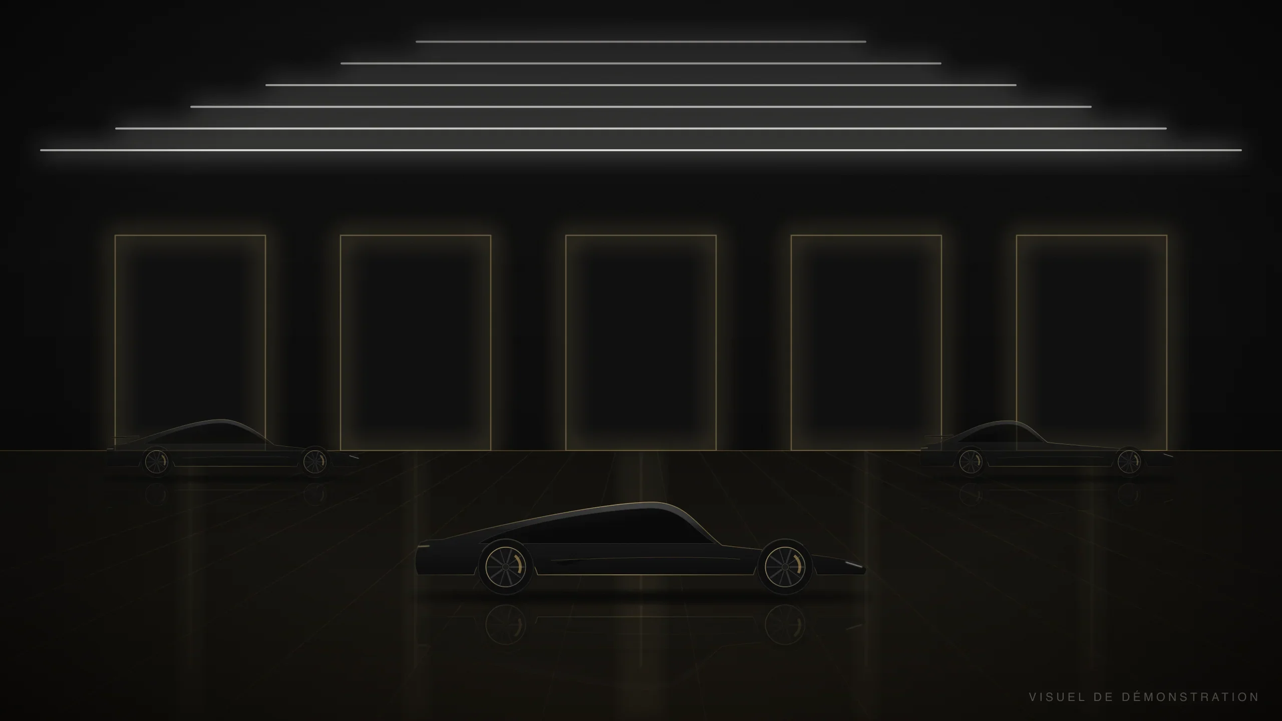 Le garage KURO de nuit : sol noir laqué aux reflets dorés, voitures espacées, éclairage architectural