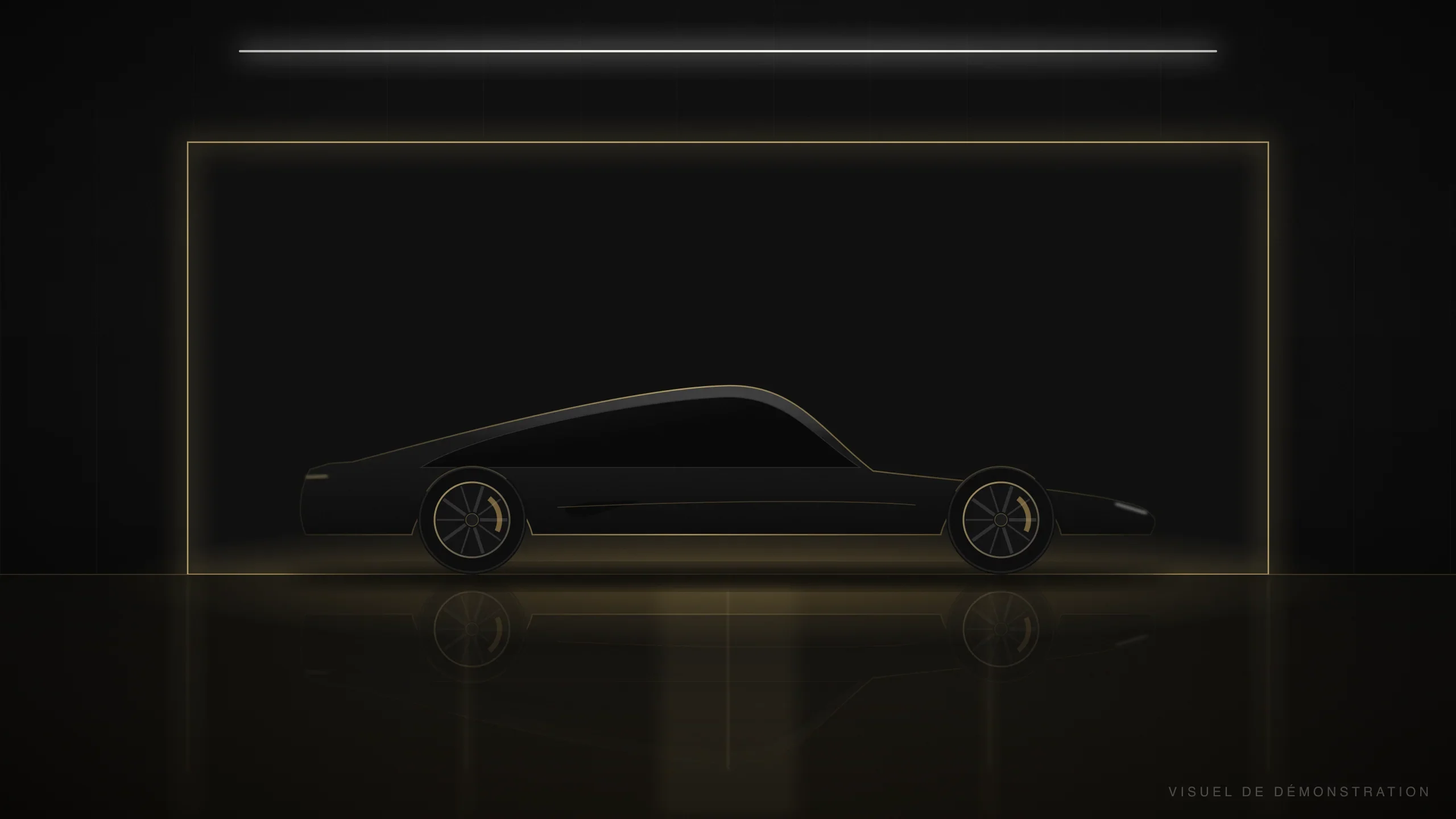 Supercar exposée dans le showroom noir KURO, sous un cadre de lumière architecturale